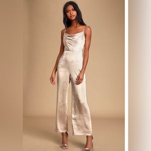 Lulus night champagne satin cowl neck culotte jumpsuit (large)